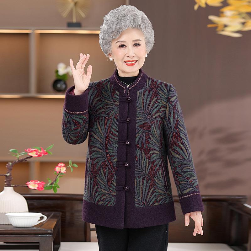 Women's Plus Velvet Woolen Coat for 60s-70s, Mid-aged and Elderly Autumn/Winter Fashion Overcoat