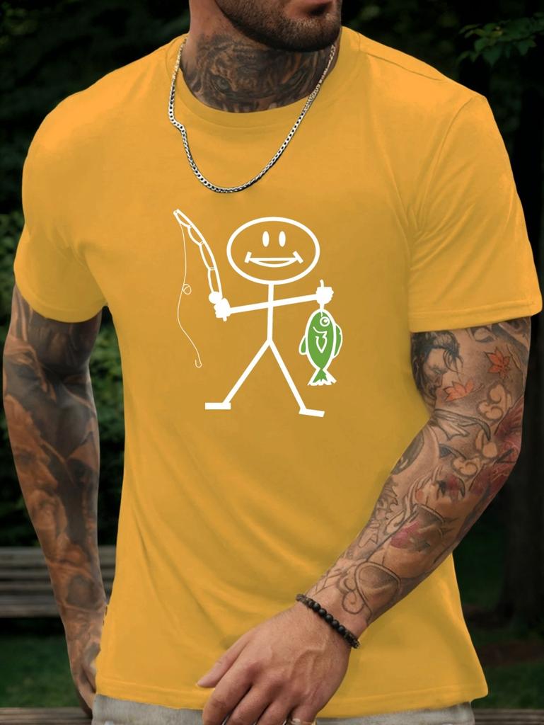 Summer Men's Round Neck Short Sleeve T-Shirt Cartoon Sketches Print Fashion Street Versatile Quick Drying Daily Mens Clothing