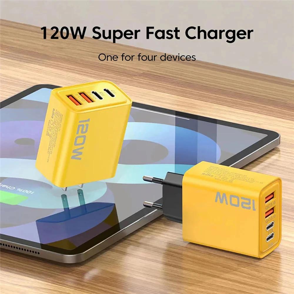Încărcător Telefon Dublu USB 4 Porturi Încărcare Rapidă QC3.0 Adaptor Încărcător Tip C Încărcare Rapidă PD Dublă 120W Încărcător Telefon Mobil pentru Smart Phone