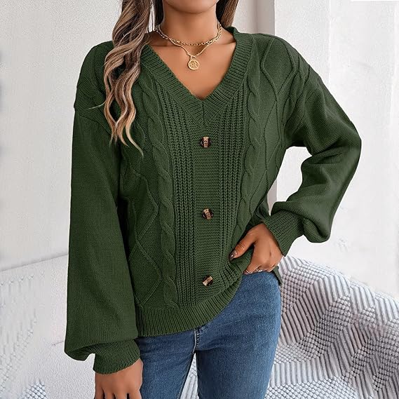 

Женский вязаный свитер с V-образным вырезом и пуговицами, рукавами-тестами, пуловер, джемперы, зимние однотонные трикотажные топы L армия зеленый