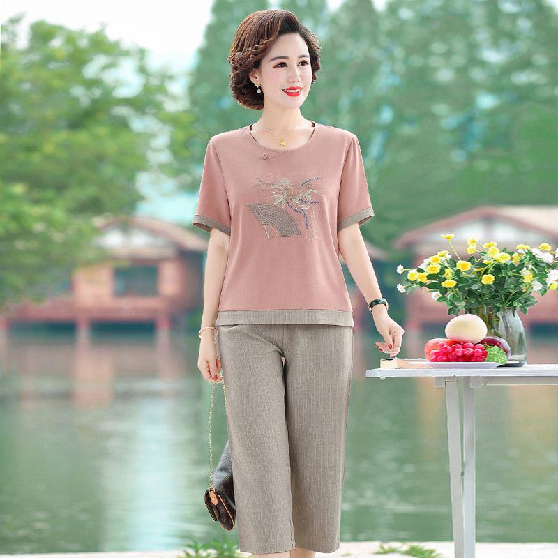

Mom s Summer Cotton Linen Two-Piece Set: Stylish Short-Sleeve T-Shirt for Middle-Aged and Elderly Women 2026 L (90-105 lbs)
