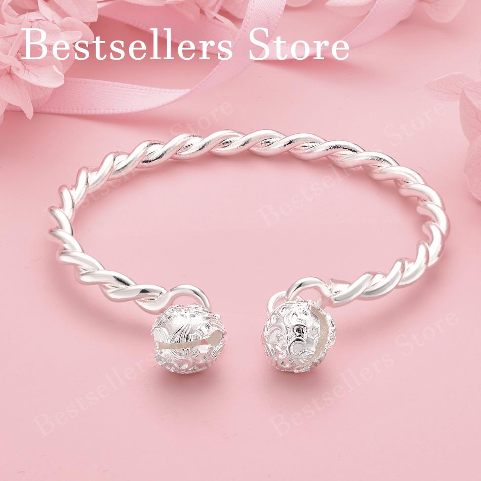 Charming 925 Sterling Silver Twist Rope Bell Open Bracelet Women s Fashion Wedding Party Jewelry серебряный