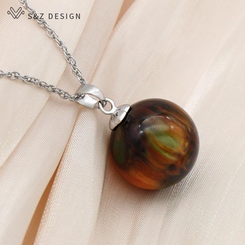 Fashion Rose Gold Color Round Acrylic Beads Pendant Necklace For Women Wedding Party Elegant Jewelry