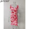 BITCED Summer Women Floral Print Butterfly Sleeve Bodycon Dress Ruffle V Neck Bandage Casual Short Sundress Female Beach Spaghetti Strap Mini Dress
