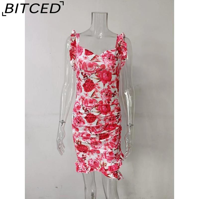 BITCED Summer Women Floral Print Butterfly Sleeve Bodycon Dress Ruffle V Neck Bandage Casual Short Sundress Female Beach Spaghetti Strap Mini Dress