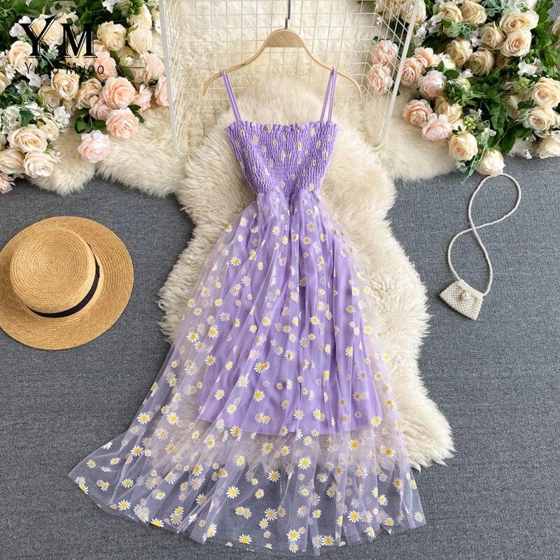 YuooMuoo Koreanische Mode Daisy Blume Drucken Mesh Party Kleid Sommer Zwei Schichten Spaghetti Strap Urlaub Midi Kleid Strand Vestidos