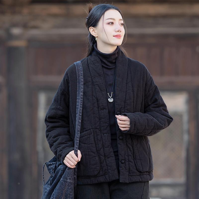 25 Winter Women's Clothing New Ramie Quilted Vertical Grid Shawl Collar Disc Buckle Cotton-padded Warm Cotton-padded Jacket Short Cotton-padded Jacket