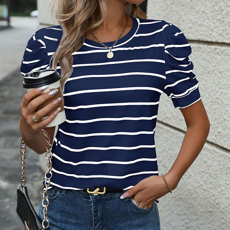 Summer 2026 New Arrivals: Simple Style Puff Sleeve Striped Women's T-shirt
