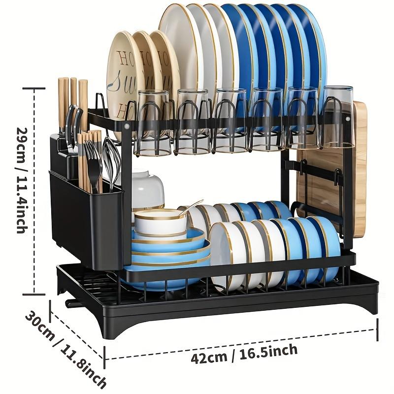 2-Tier Rust-Resistant Metal Utensil Rack with Drain Plate and Utensil Holder - Space Saving Kitchen Countertop Organizer