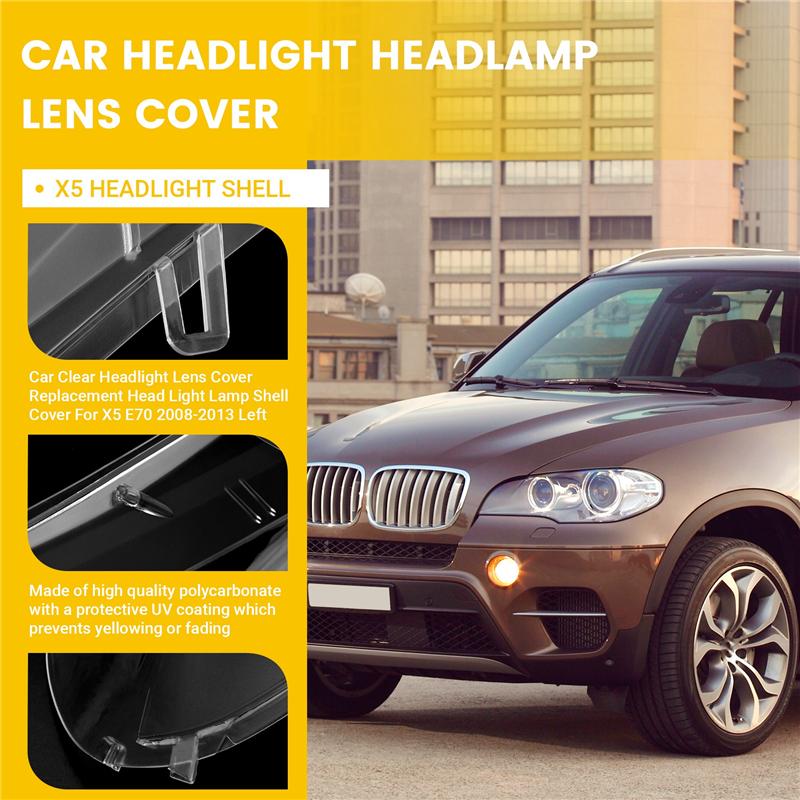 Car Clear Headlight Lens Cover Replacement Headlight Head Light Lamp Shell Cover For-BMW X5 E70 2008-2013