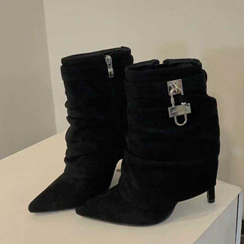 Fashion Luxury Pointed Toe Metal Lock Decoration Women's Boots  Fashion Pleated Patent Leather High Heels Zip Chelsea Boots for Women