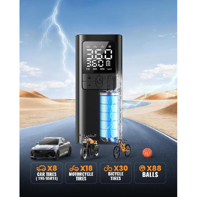 Tire Inflator Portable Air Compressor Cordless Air Pump with Digital Tire Pressure Gauge, Accurate Dual LCD Display & LED Light, for