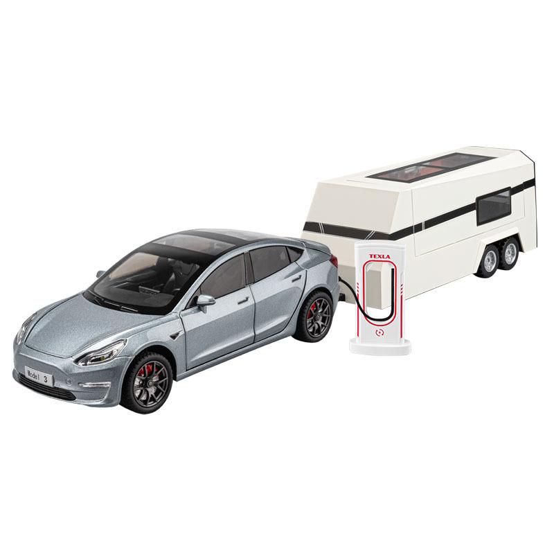 1/24 Scale Tesla Model3 Towing RV Alloy Model, Open Door Car Ornaments for Children's Sound and Light Toys To Give Gifts To Boys