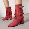 34--45 Large Size Boots Autumn and Winter Women's Boots Casual Fringed Boots College Style Thick Heel High Boots Women's Shoes