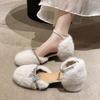 Rhinestone Fuzzy Mary Janes - Women's Autumn/Winter 2025 Chunky Heel Closed-Toe Sandals