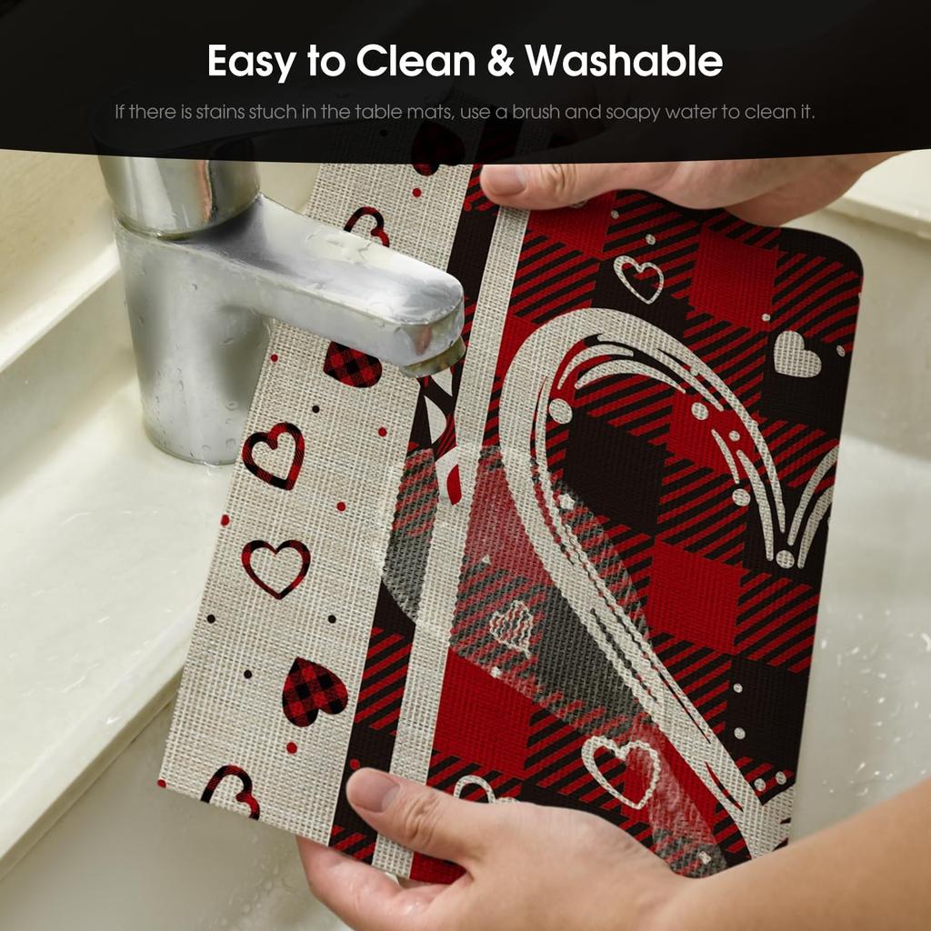 Hearts Vinyl Valentine's Day Placemats Set of 4, 12x18 Inch Wipeable Non-Slip PVC Place Mats for Party Kitchen Dining Decor