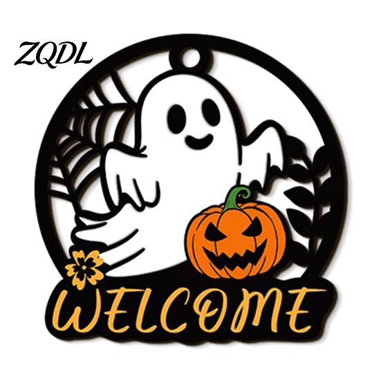 Autumn Seasonal Welcome Decor Halloween Ghost Pumpkin Round Wooden Door Hanger, Wall Plaque Hanging with Rope Rope, for Front Living Room Party