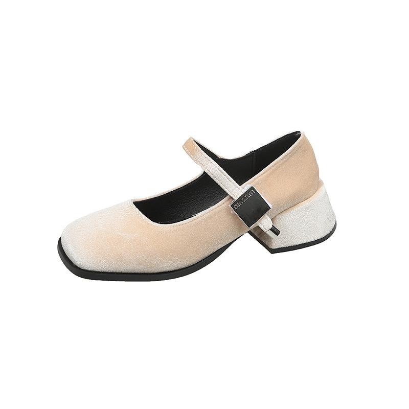 Mary Jane shoes women's thick heel grandma shoes early spring and autumn new square head velvet high heels one-word single shoes