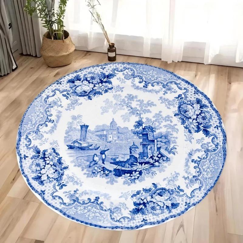 Chinese Blue and White Porcelain Style Circular Carpet Living Room Rug Anti Slip Dirt Resistant Mat Home Decoration