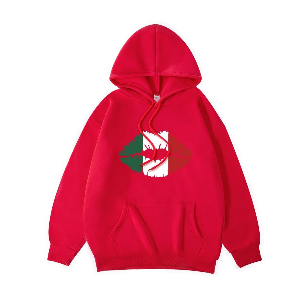 Mexico Flag Color Lip Printing Hoodies Womens Casual Pocket Hoody Winter Sweatshirts Basics Sporty Woman Clothes