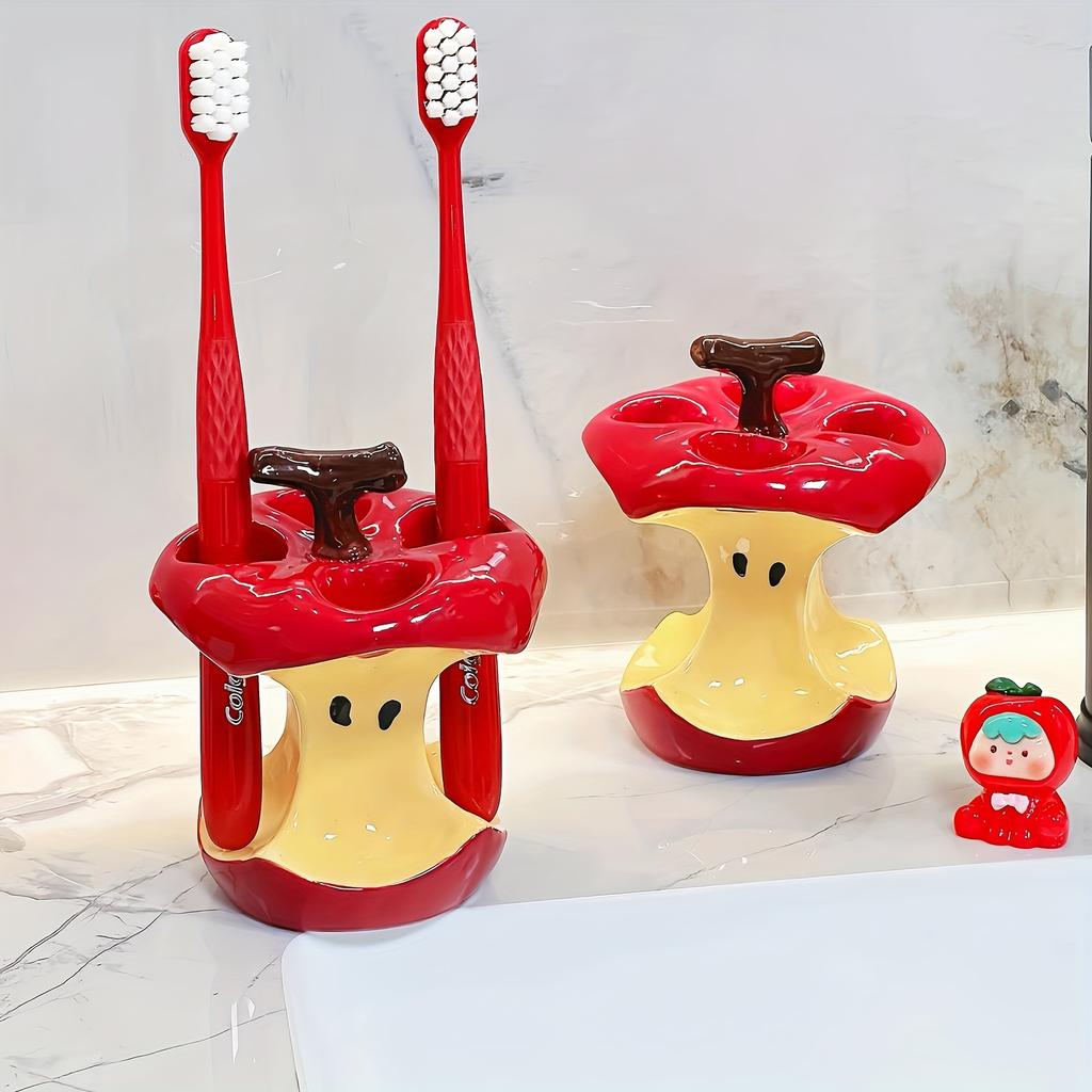 Original Design Fun Apple Core Ceramic Toothbrush Holder -Whimsical Red Yellow Bathroom Decor,Freestanding No Electricity Countertop Organizer