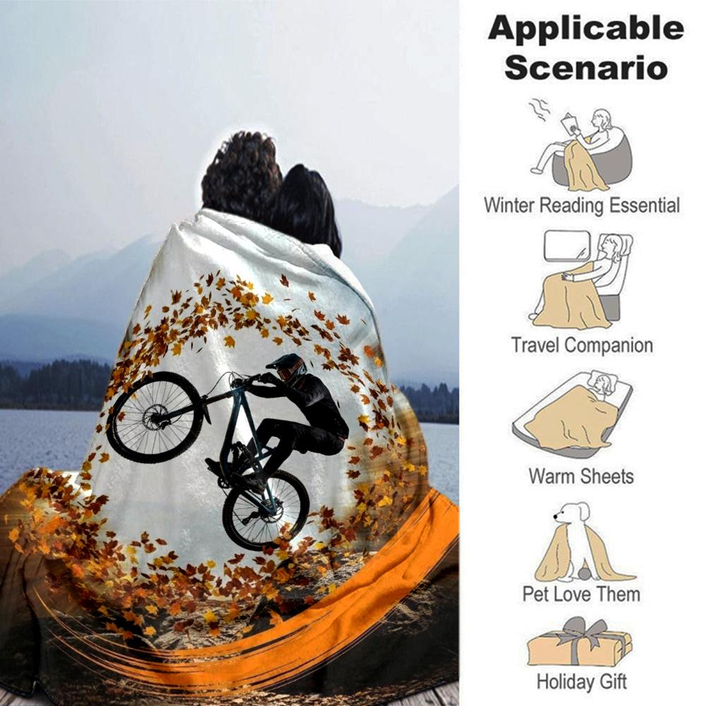 Downhill Mountain Biker Autumn Maple Leaf Circle Print Flannel Blanket Extreme Sport Graphic Soft Throw Blanket Cycling Fan Bedroom Decor