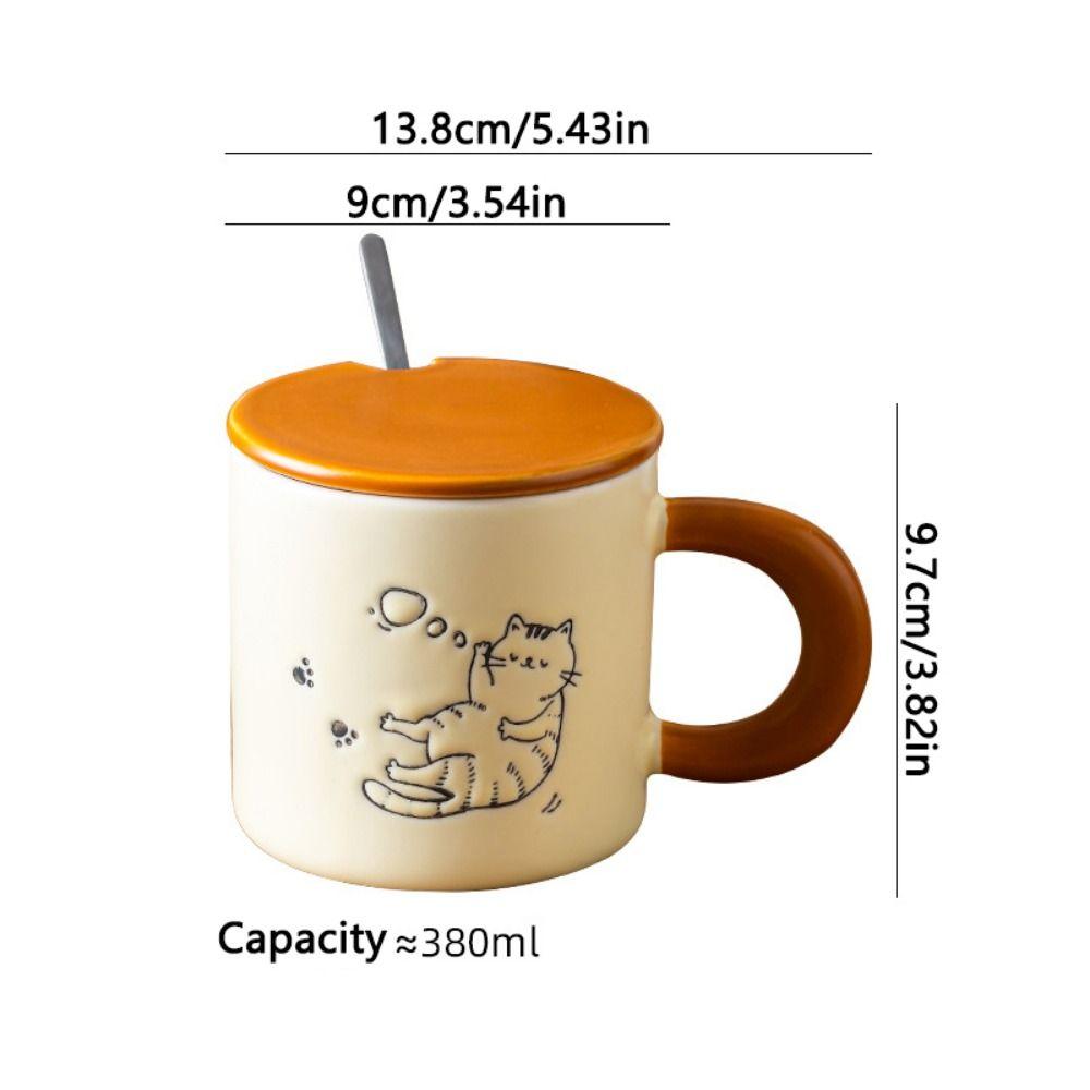 Hand Drawn Ceramic Coffee Cup with Spoon Water Cup with Lid Cartoon Cat Drinkware  Milk