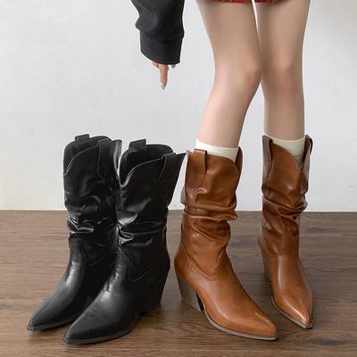 Mode Vintage Spitzschuh Damen Western Cowgirl Stiefel Mode Slipper Herbst Winter Dicker Absatz Damen Mid-Calf Stiefeletten