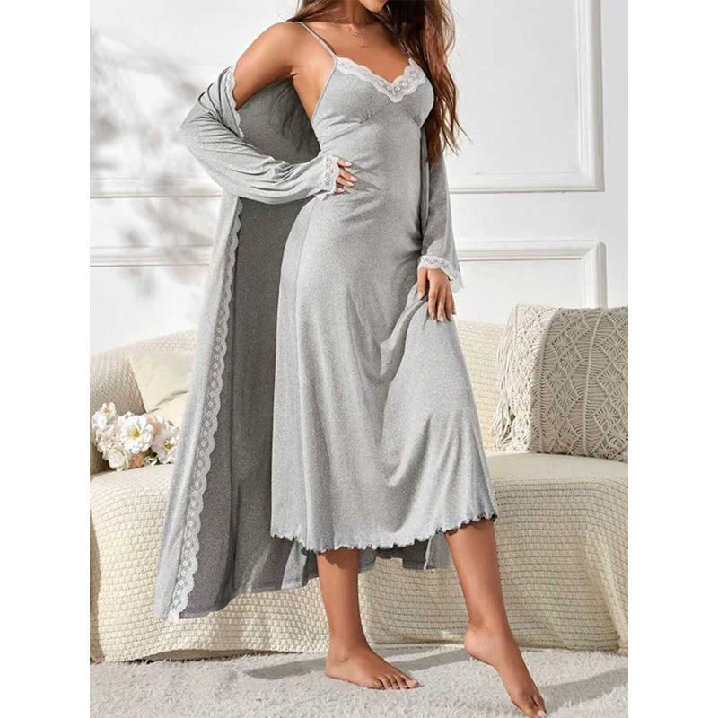 Elegant Milk Silk Lace Nightdress & Bathrobe Set - Sexy Two-Piece Pajamas