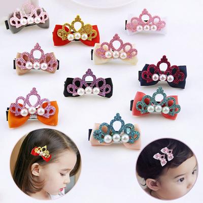 Kid Baby Girl Princess Crown Hair Clip Rhinestone Ribbon Hairpin Bow Bowknot