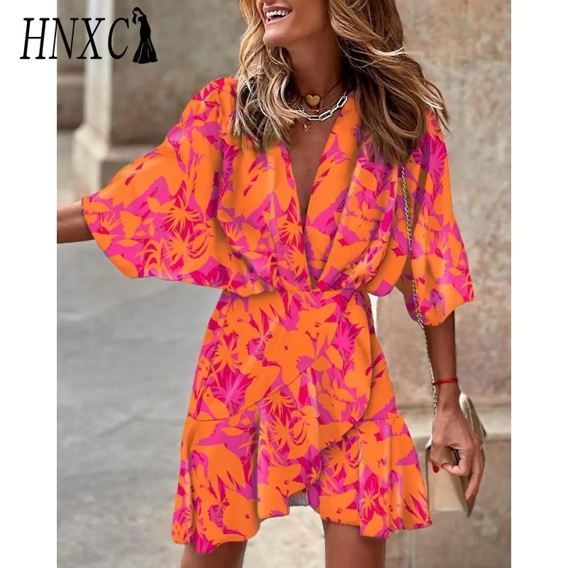 HNXC Dámská móda Léto Jaro Jednobarevný potisk 3/4 rukávy Neformální šaty s výstřihem do V a vysokým pasem