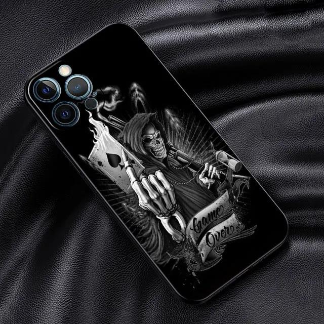 

Black Skull Phone Case For iPhone 16 e 15 14 13 12 11 Pro Max Mini Plus X XR XS SE 2020 2022 Grim Reaper Skeleton iPhone 15 Pro Max