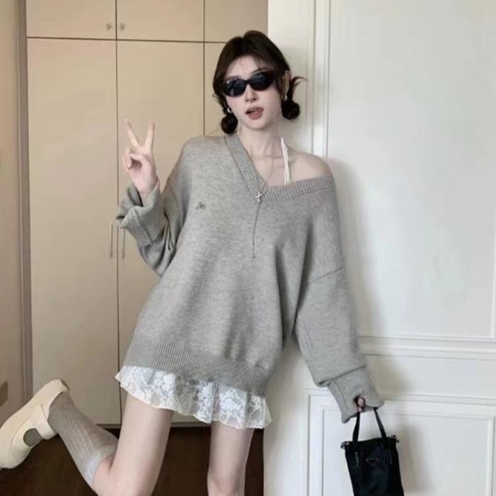 

«Женский свитер свободной вязки из корейского хлопка и кашемира, ранняя осень, красный, с V-образным вырезом» One Size серый