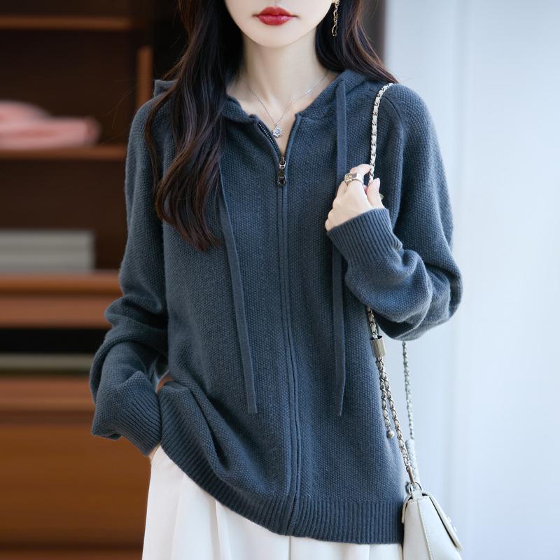 Women's Thick Wool Zipper Hooded Cardigan: Autumn/Winter Fashion, Loose Knit, Long Sleeve Sweater Coat.