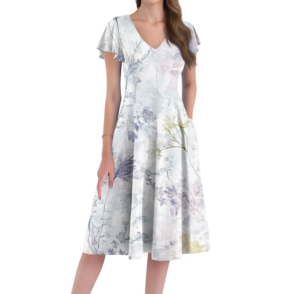 A Casual And Fashionable V-Neck Short-Sleeved Medium-Length Dress With Floral Prints For Women