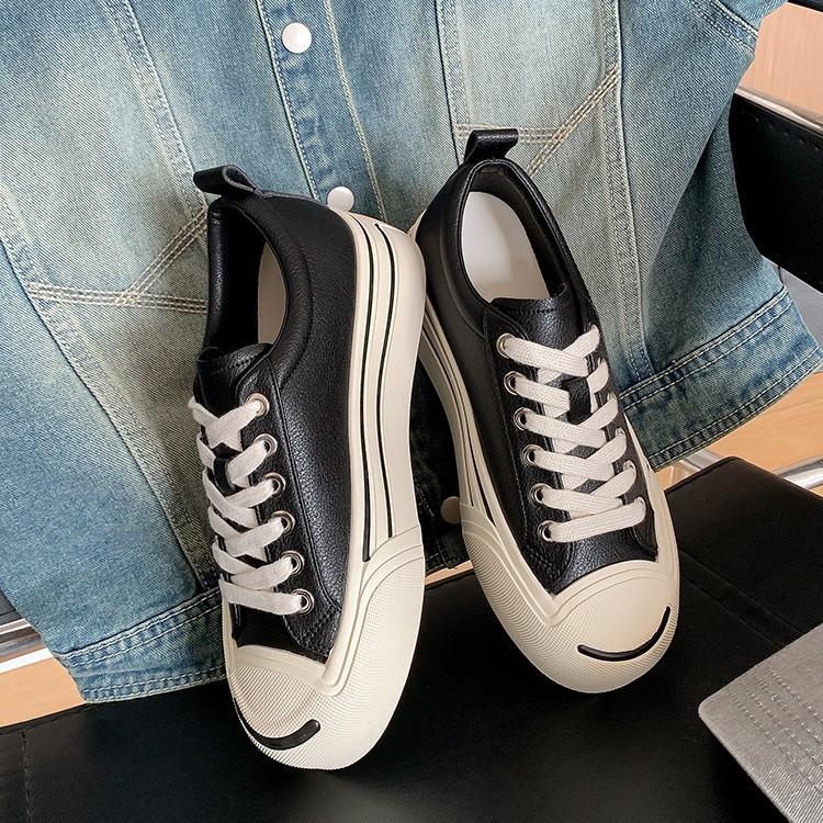 Cowhide version open smile leather inner height increase white shoes women's versatile thick sole breathable feet small sports casual board shoes