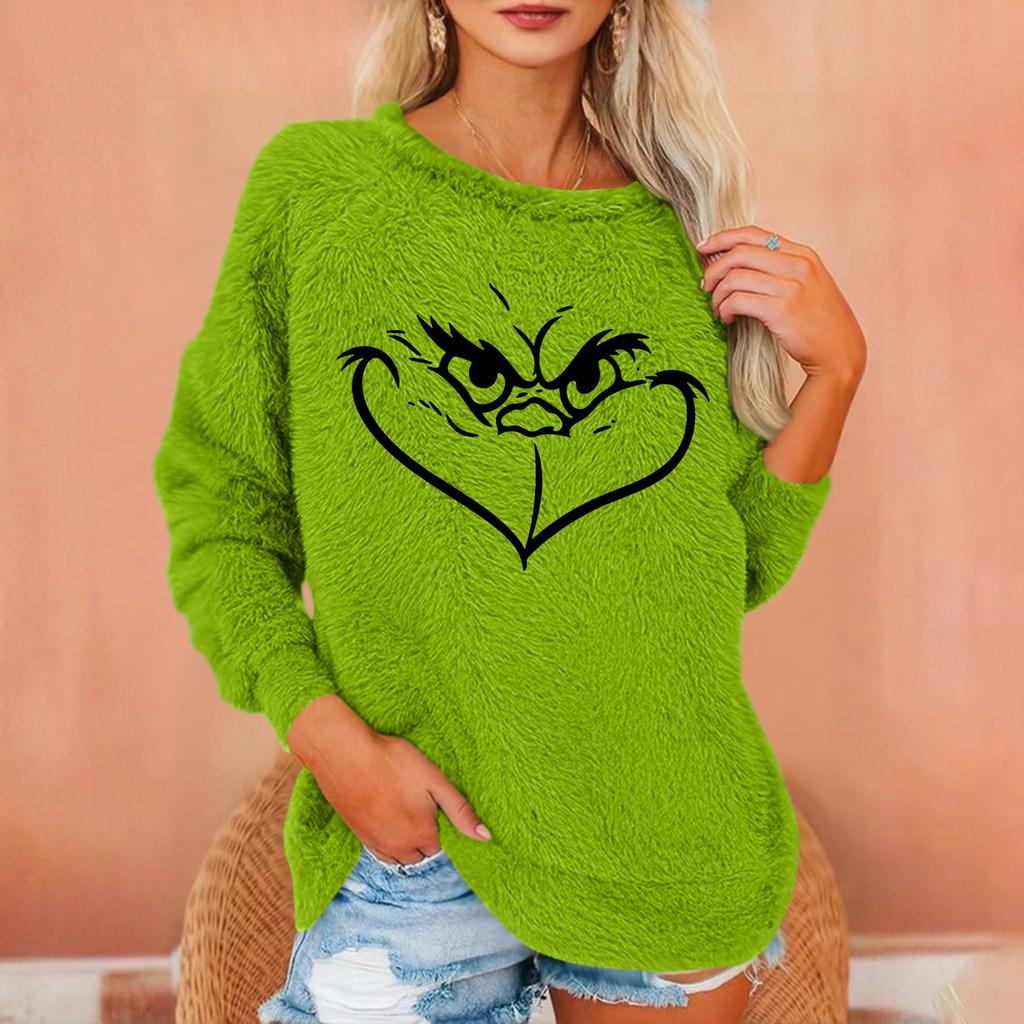 Damen Modischer Rundhals Langarm Weihnachts-Print Lockerer Plüsch Warmer Pullover