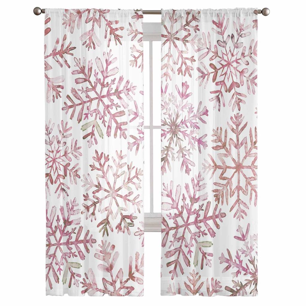 Christmas Watercolor Snowflake Retro Sheer Curtains Modern Gauze Curtain for Living Room Bedroom Voile Yarn Curtains