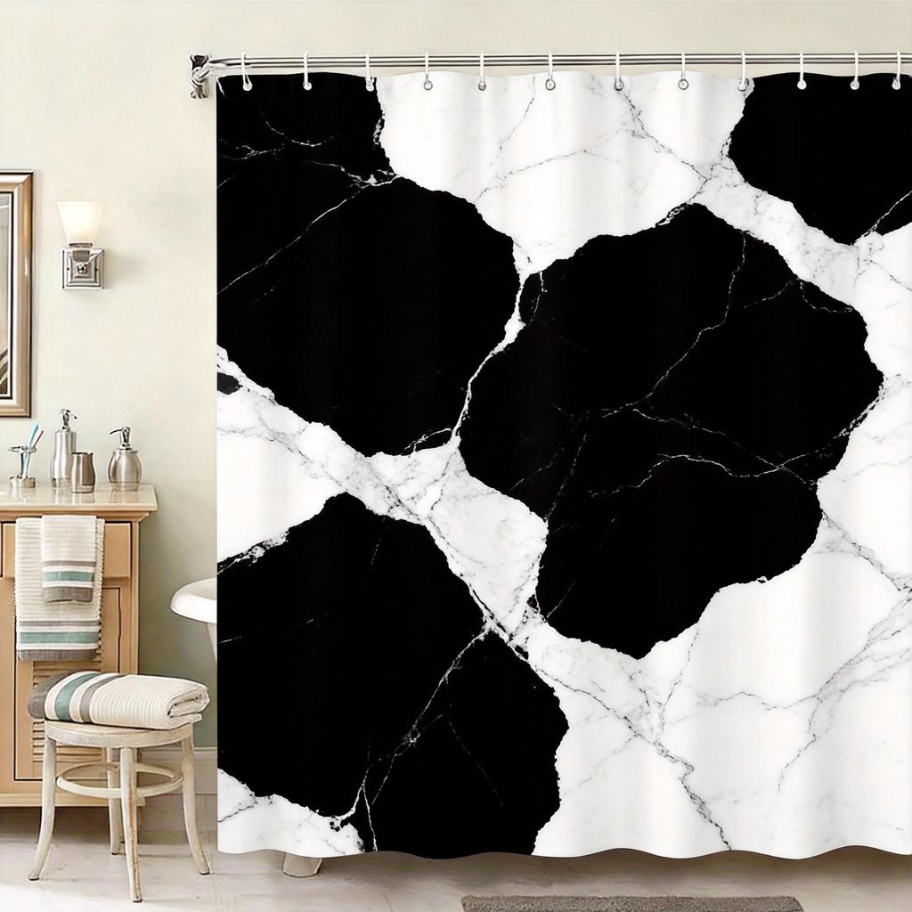 Marble Vein Shower Curtain 180x180cm – Black & White Glossy Design, Modern Minimalist Bathroom Decor, 12 Hooks