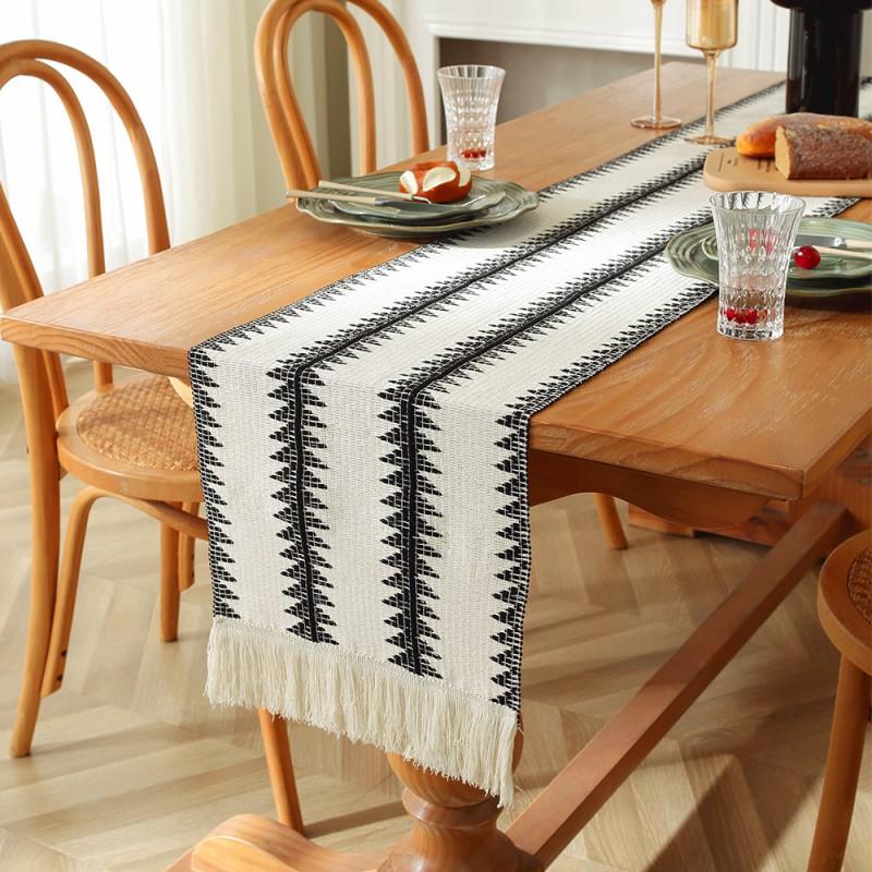 Cotton Linen Table Runner With Striped Patchwork Design Tassel Trim Modern Minimalist Long Cover Dining Room