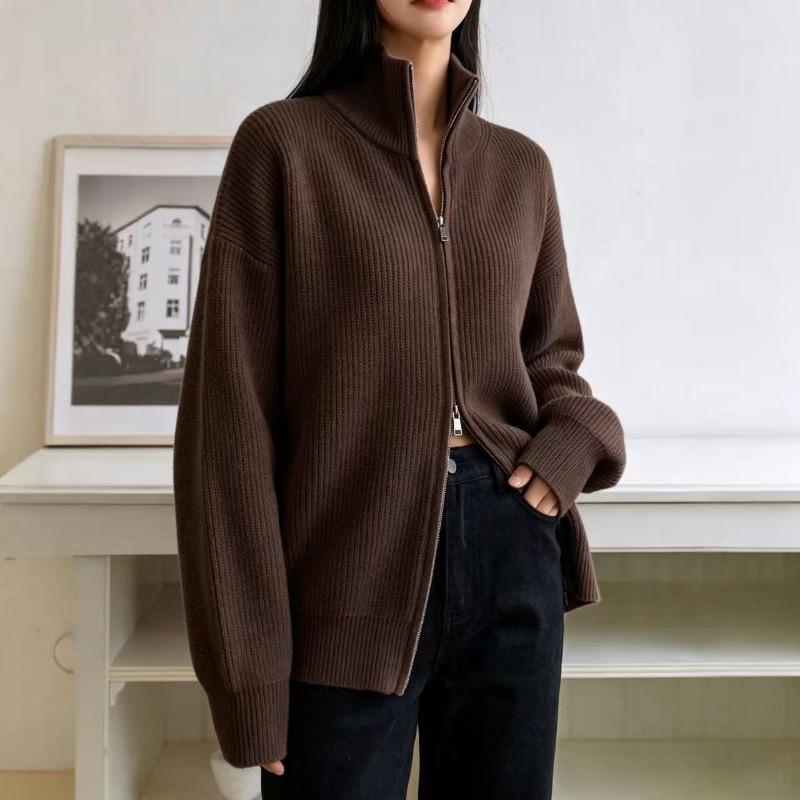 Cárdigan Grueso de Punto para Mujer, Cuello Semi Alto con Cremallera, Manga Larga, Top Casual