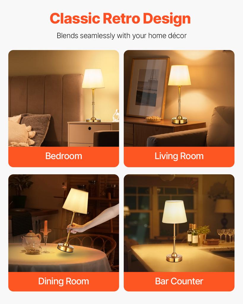 SucceBuy Cordless Table Lamp 5200mAh Built-in Rechargeable Battery Desk Lamp 3-Level Brightness Fabric Shade Color Temperature