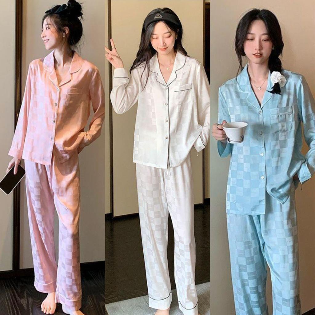 2-piece Set Maternity Ice Silk French High Value Pajamas Spring and Autumn Thin Section of Long-sleeved Trousers Silk Loungewear