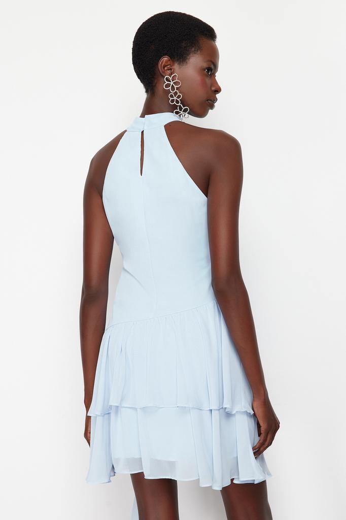 Women's Dress New Season Fashion Light Blue Chiffon Ruffle Elegant Woven Evening Dress