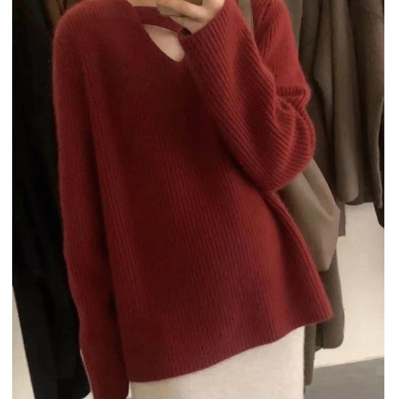 V-neck Knitted Sweater for Women Autumn and Winter Thick Design Lazy Style Sweater Top