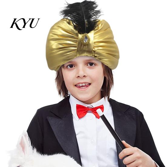 Gold Satin Carnival Headpiece Unisex Arab India Turban Hat, Golden Sultan Hat with Gem And Versatile Role Play Headgear Feather, Novelty Easter