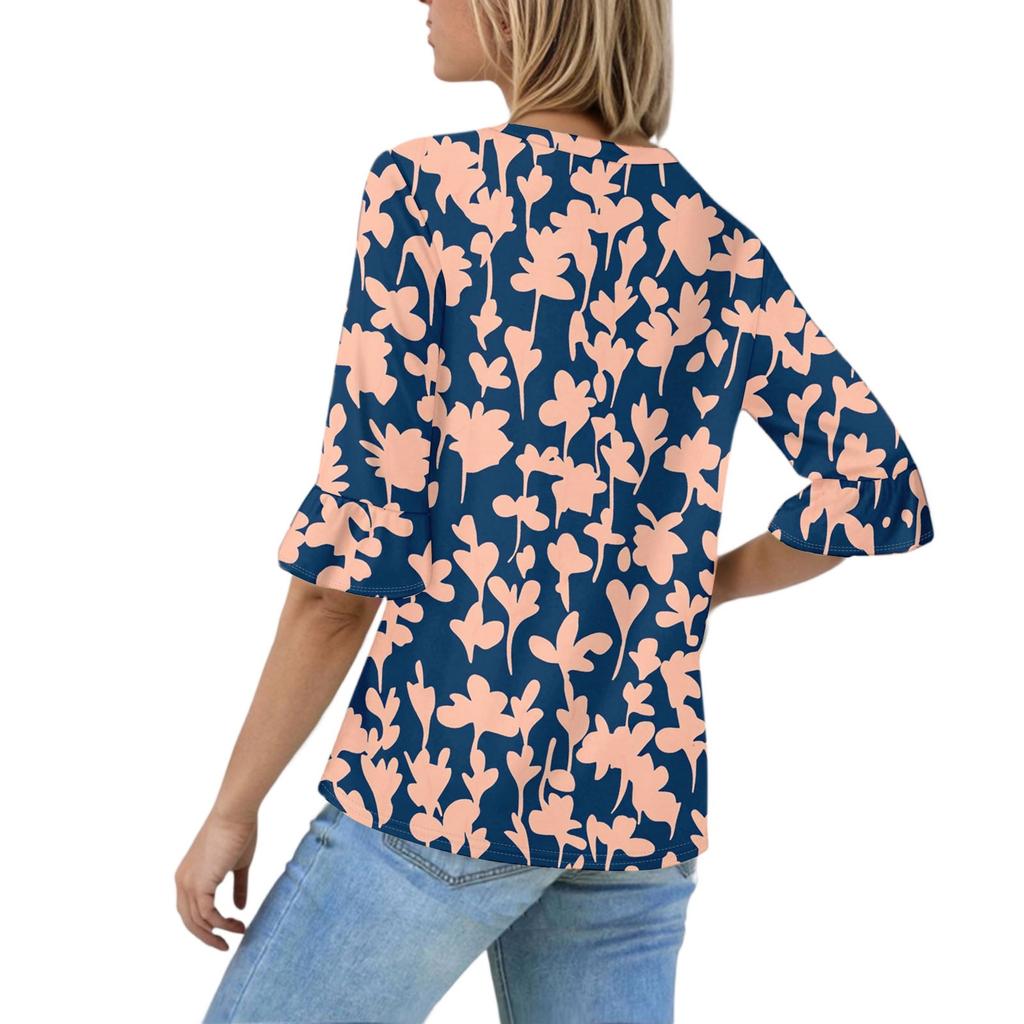 Women's Casual 3/4 Sleeve Tops V-Neck Sleeve T-Shirt Floral Print Tops