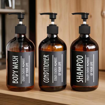3 szt. 500 ml okrągłe butelki zielone / bursztynowe butelki na płyn do mycia naczyń plastikowy dozownik mydła przenośny dozownik szamponu i odżywki z 6 etykietami