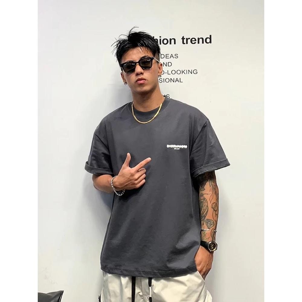 New Front and Back Letter Printed Short Sleeved Men's Summer Trend 100% Pure Cotton High-quality Round Neck Fitness T-shirt