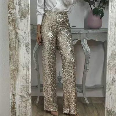 Women Sequins Long Pants High Waist Slim Fit Shining Trousers Solid Color Elastic Flared Pants Streetwear